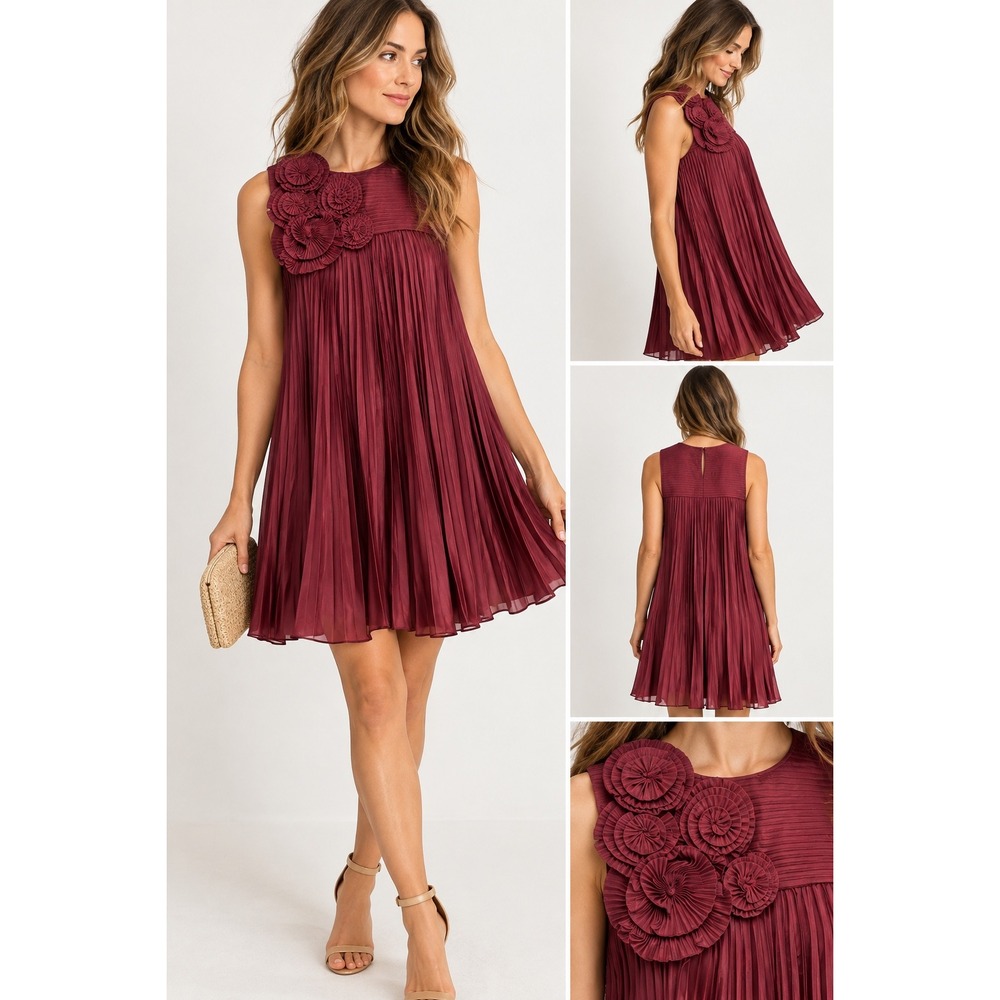 Tibi New York Burgundy Pleated Shift Dress with Floral Applique Size 2 Wine Red